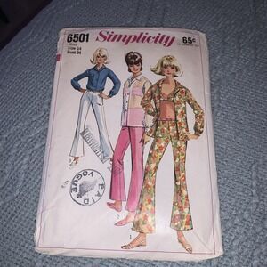 Vintage 1966 Simplicity Sew Pattern Womens Bell Bottoms Tops Sz 14 Bust 34 Cut